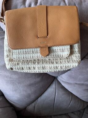 Fossil Tan Leather and Cream Woven Crossbody Bag